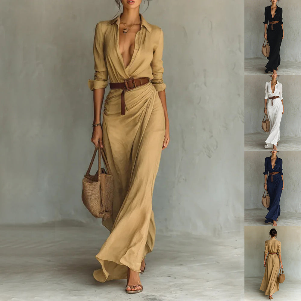 Robe chemise longue asymétrique ceinturée