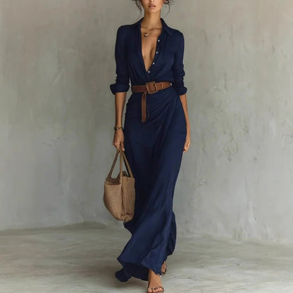 Robe chemise longue asymétrique ceinturée