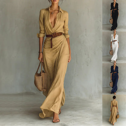 Robe chemise longue asymétrique ceinturée
