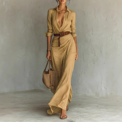 Robe chemise longue asymétrique ceinturée