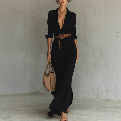 Robe chemise longue asymétrique ceinturée
